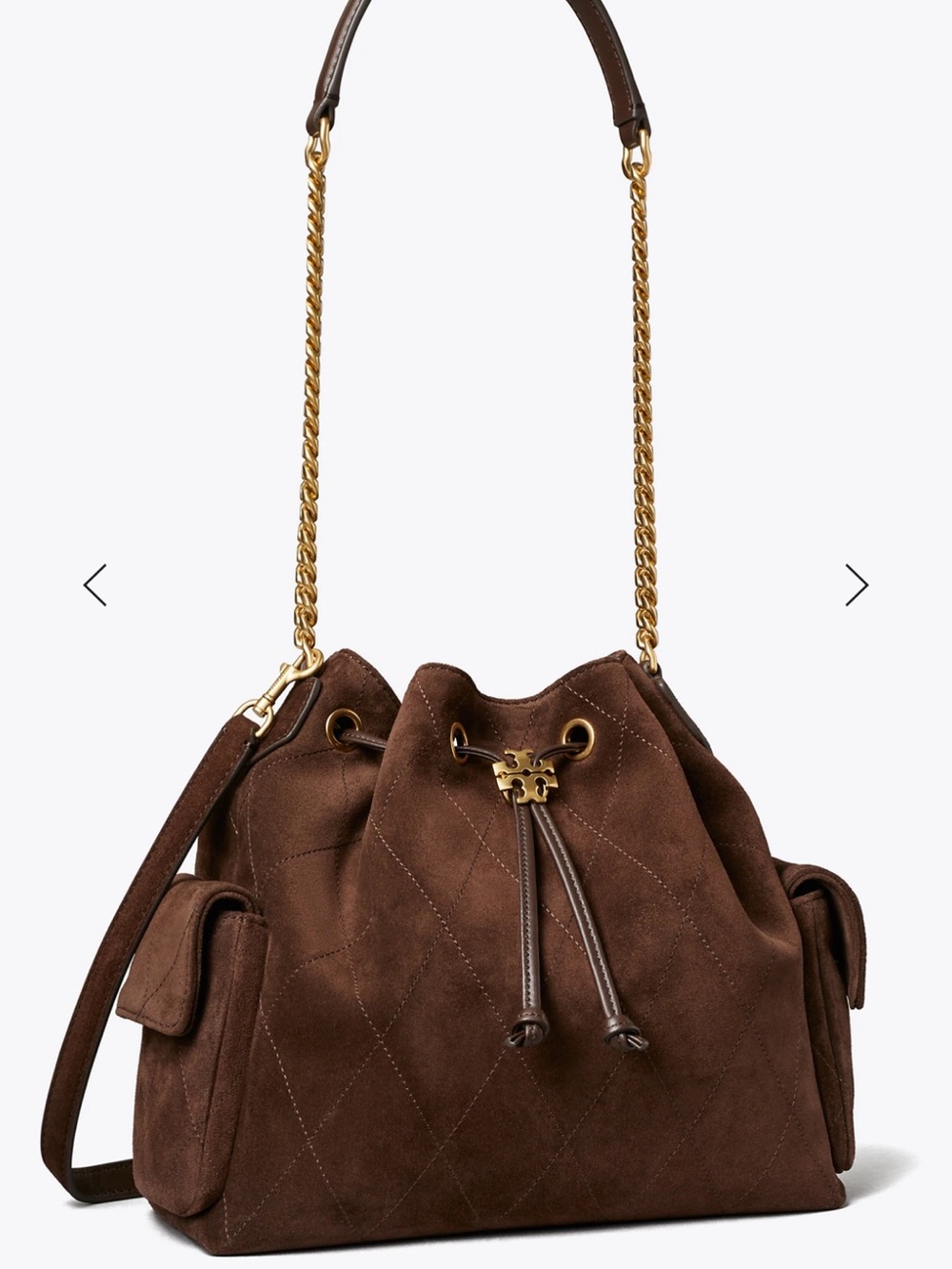 TORY BURCH SUEDE CHARLIE QUILTED SUEDE DRAWSTRING SHOULDER BAG in Dark Cocoa